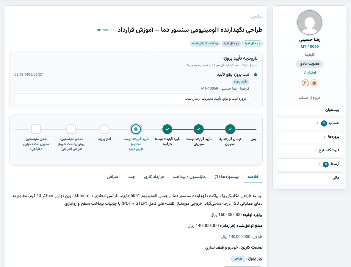 خلاصه پروژه پس از پذیرش پیشنهاد، شامل مبلغ توافق‌شده قرارداد