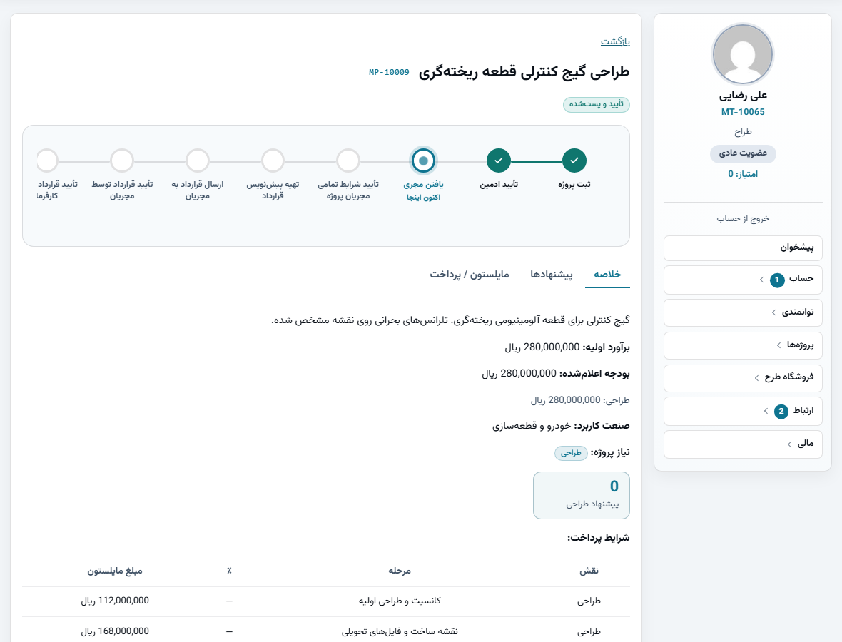 صفحه جزئیات یک پروژه باز شامل نوار زمانی، بودجه، شرایط پرداخت و بخش ارسال پیشنهاد